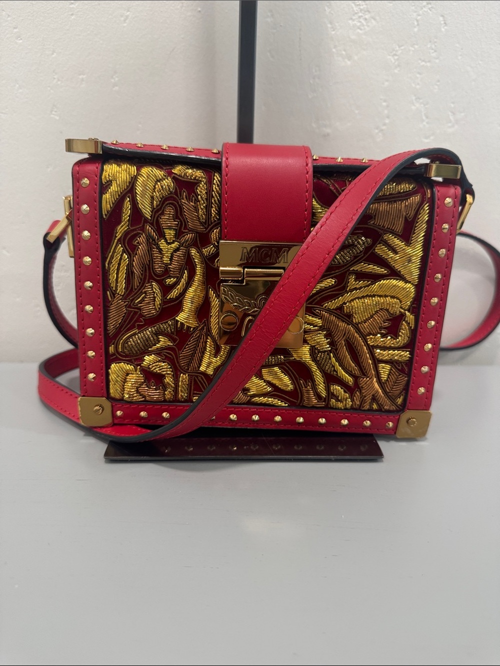 MCM Mitte Mini Brocade Crossbody with Gold Embroidered Detail